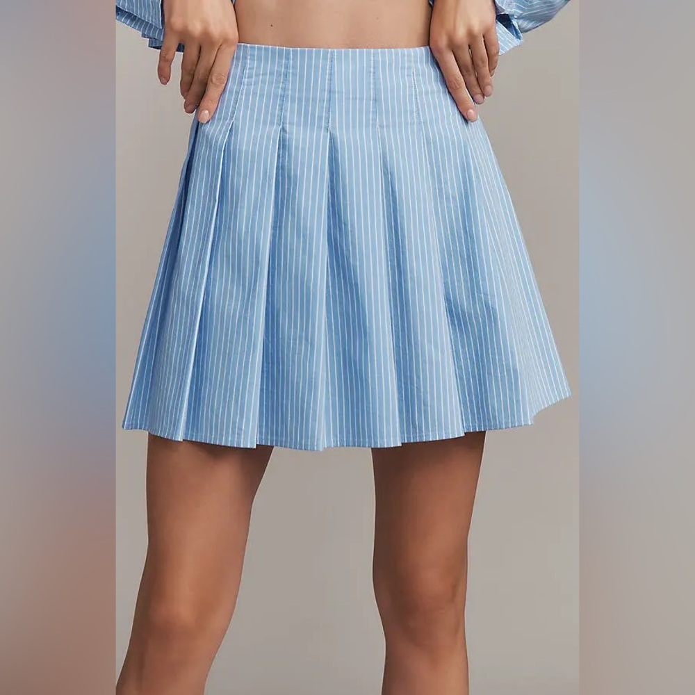 Anthropologie Coastal Preppy Blue White Striped Pleated Mini Skirt NWT XL